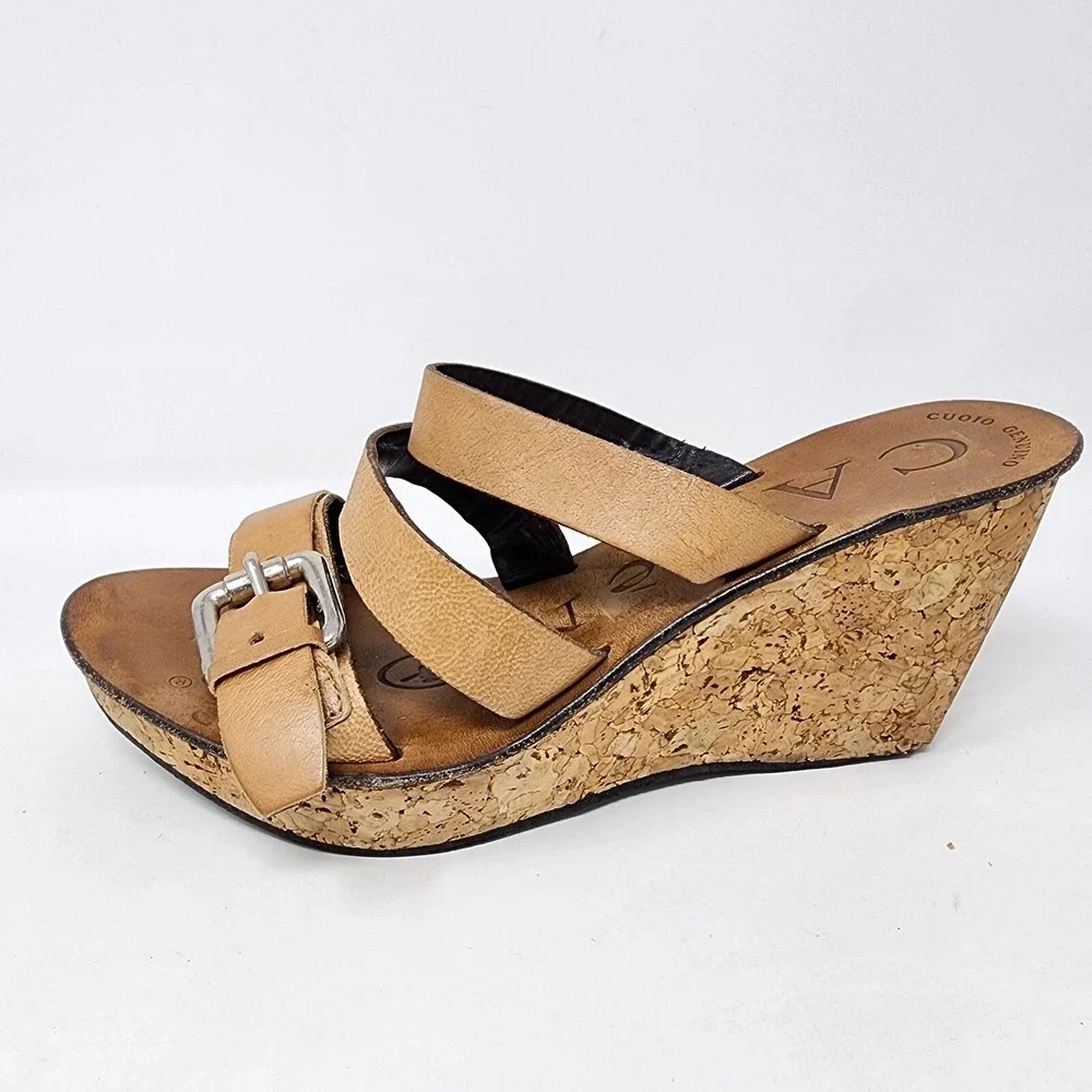 CAFé NOIR Shoes Women's 38 /US 8 Leather Slip-On 3 Buckle Strap Cork Wedge Heel